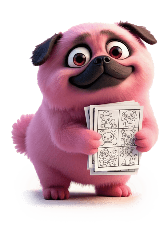 Jubblyland character holding colouring sheets